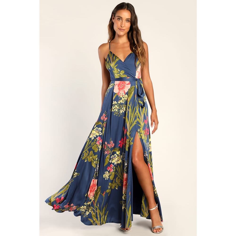 Lulu's Navy Floral Wrap Maxi Dress with Pink & Green Accents